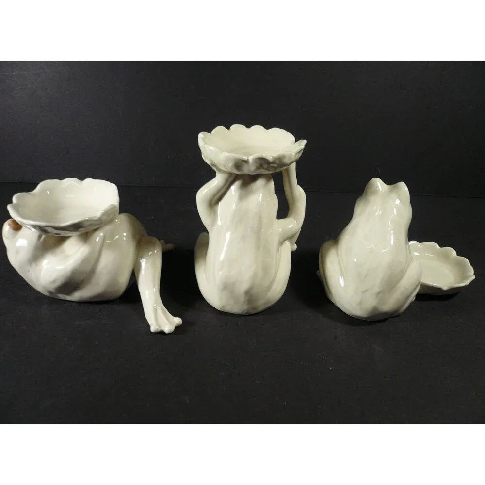Vtg Set of 3 White Frog with Leaf Bowls Tea Light Candle Holders or Trinket Dish